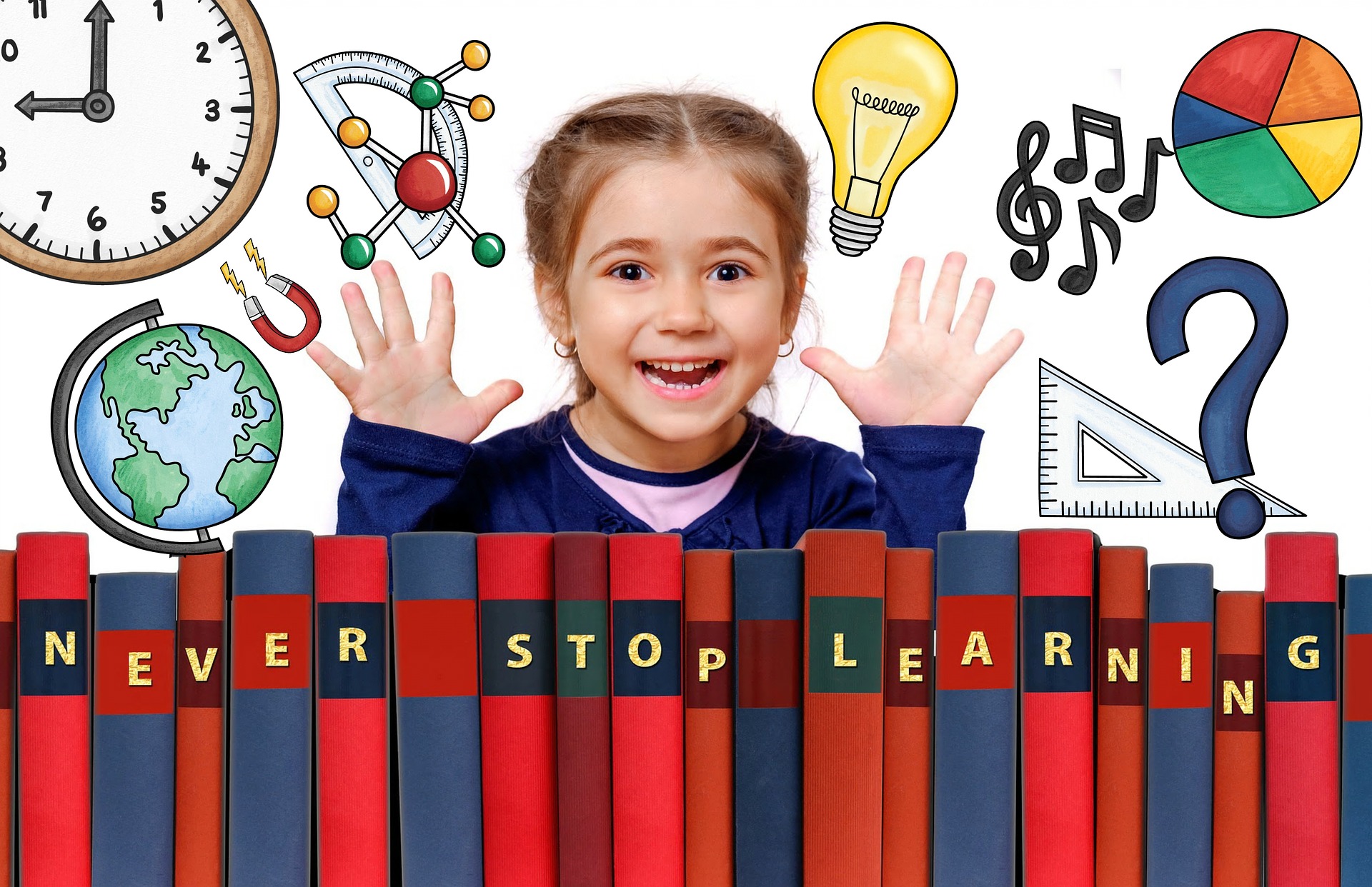 Happy little girl surrounded by symbols of school 