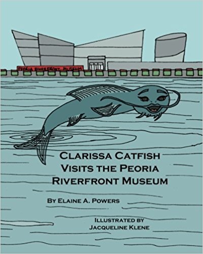 an illustrated children's book cover, blue water with a catfish swmming and a bu9ilding in the background