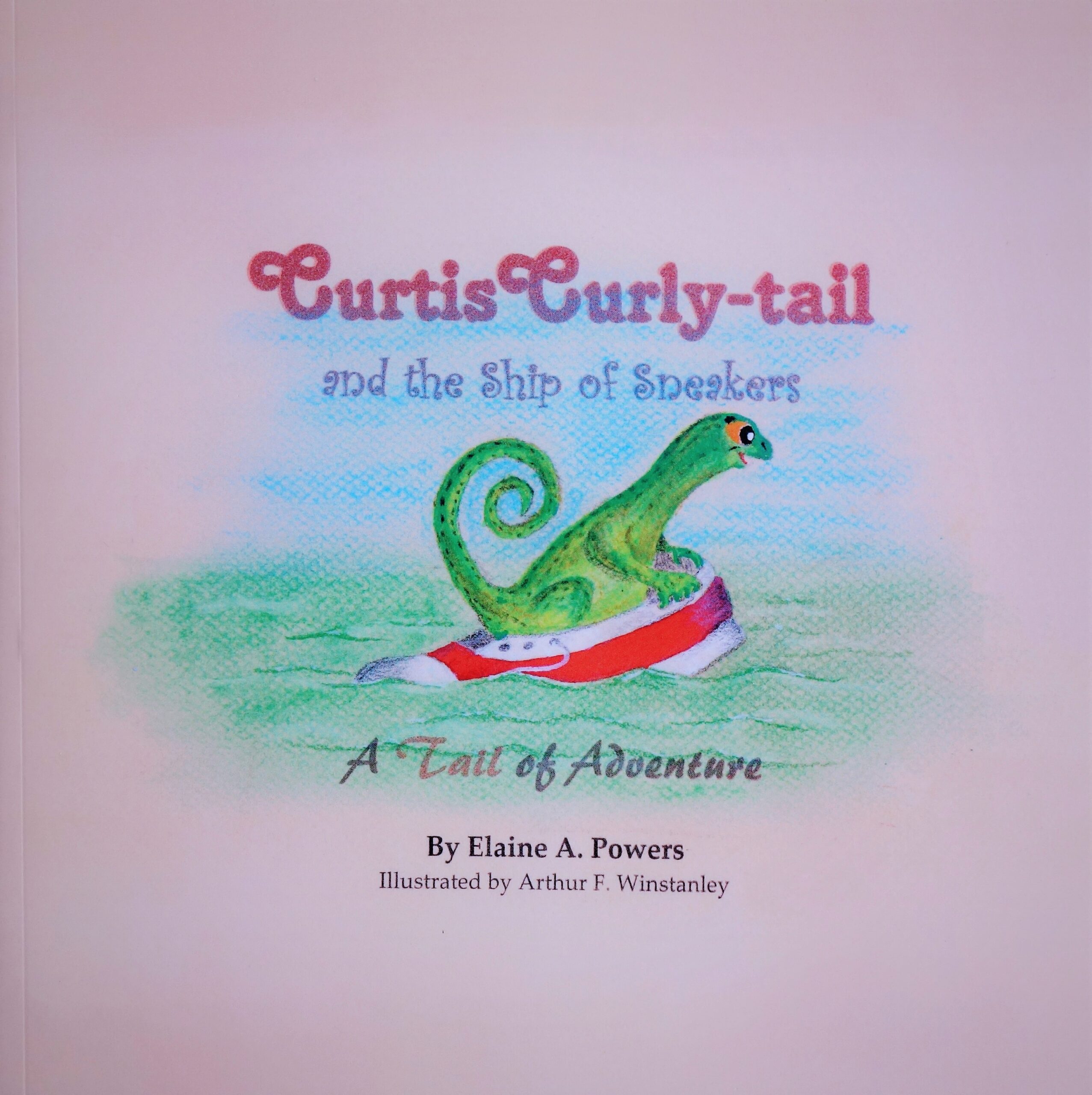 A book cover with a Curly-tail lizard riding the waves in a red sneaker