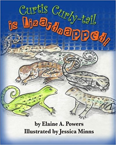a children's book cover, blue and white, with several curly-tail lizards on the cover