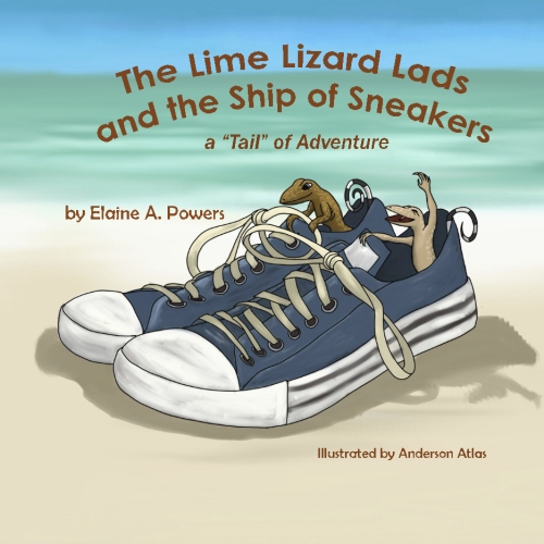 book cover, with beach and ocean, a pair of sneakers, with curly-tail lizards in them