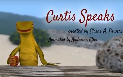 A yellow green curly-tail lizard stands behind a table on an island, with the words "Curtis Speaks" above him