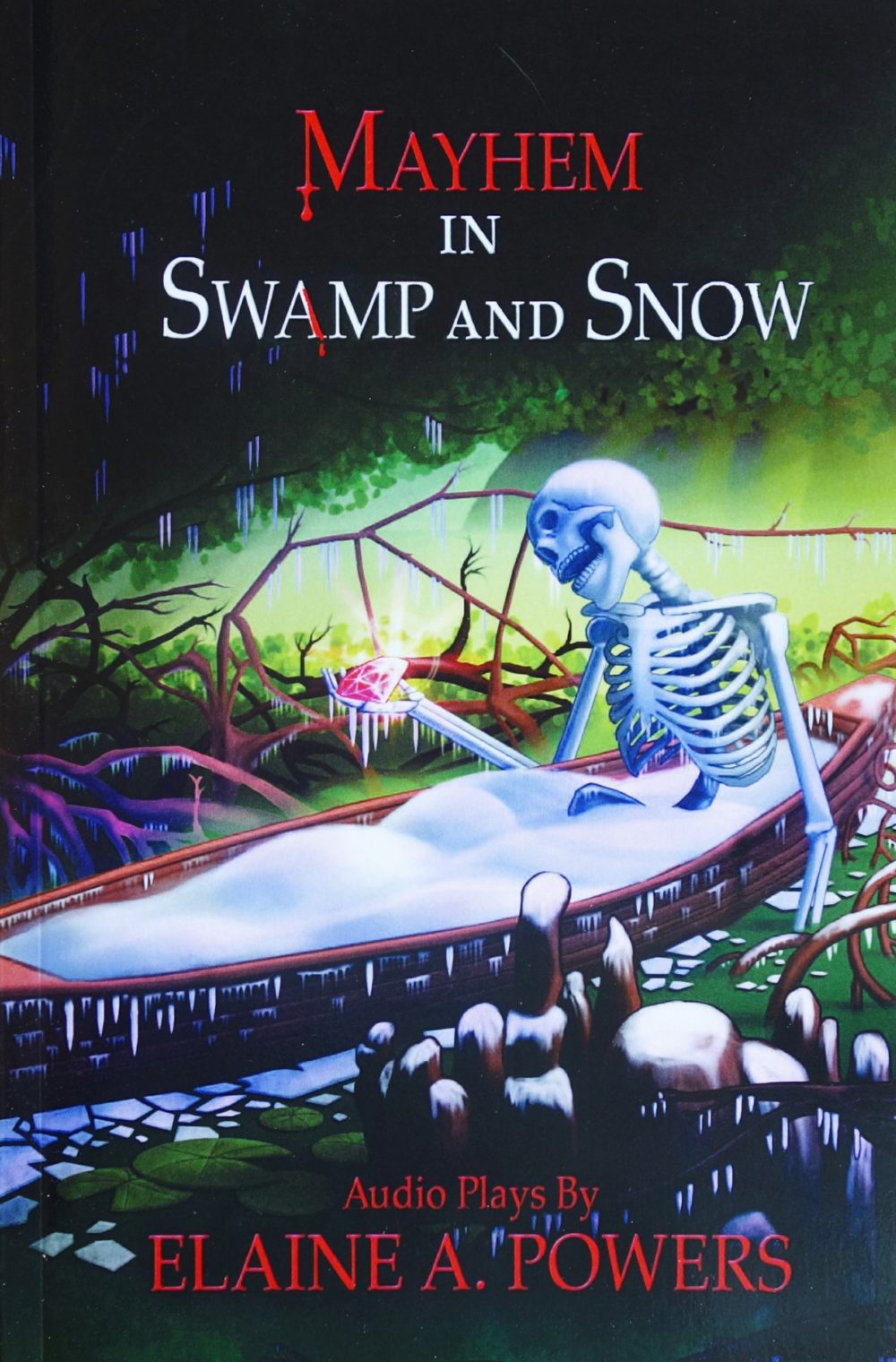 a dark book cover with skeleton in canoe