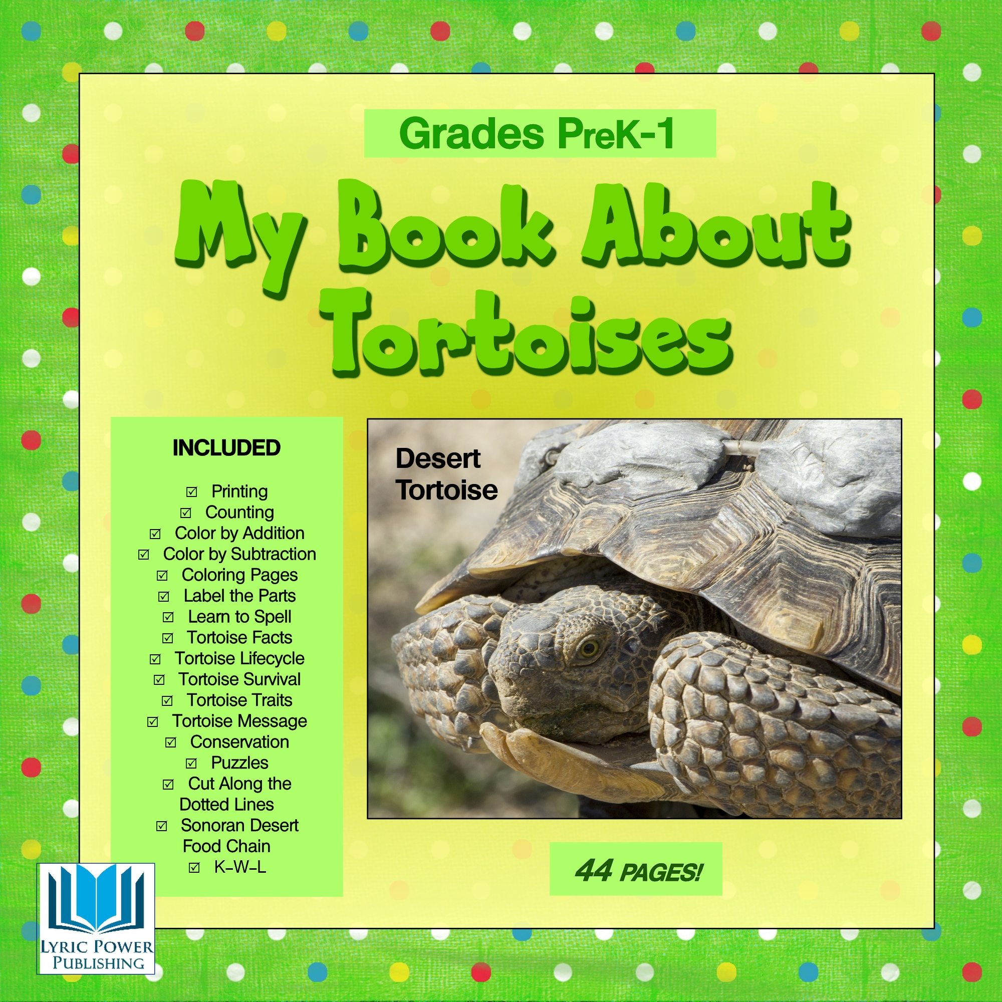 a yellow and green book cover with an image of a desert tortoise