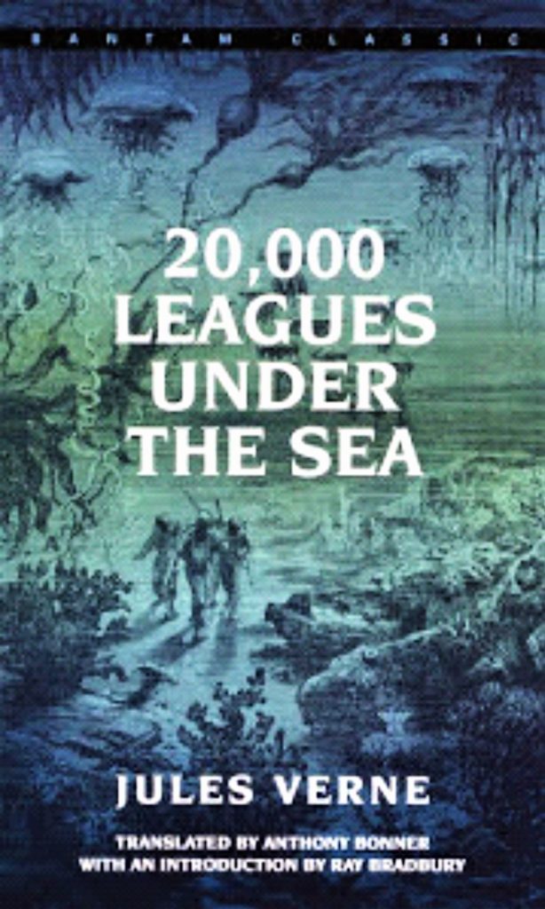 A dark and light blue book cover, under the ocean, with sea animals and three humans in ocean suits walking on the ocean floor