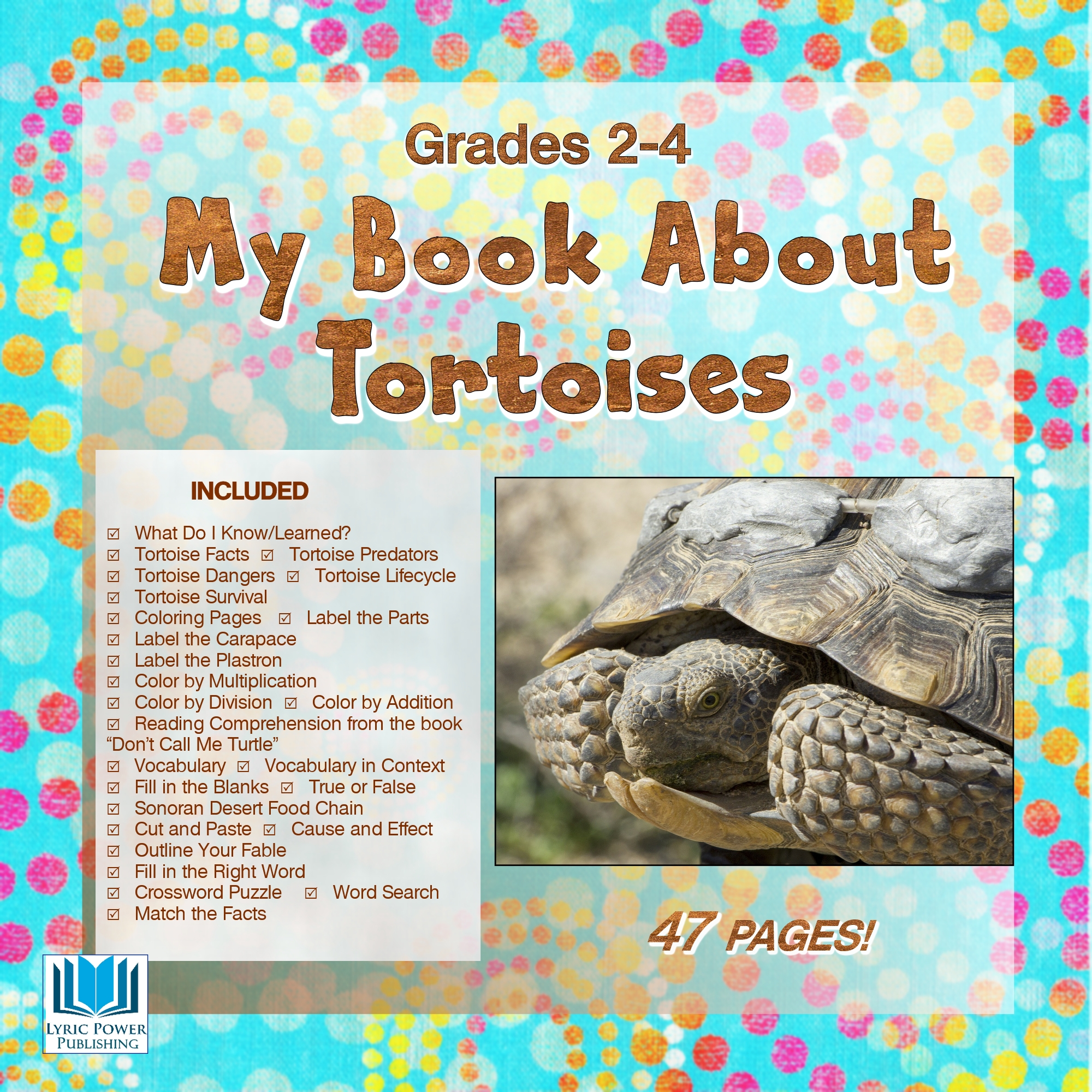 a white and blue book cover with an image of a desert tortoise