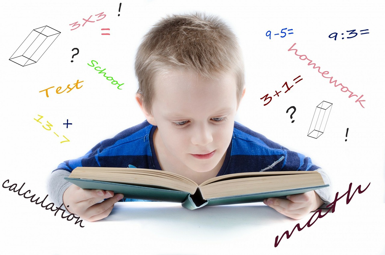 a white background, a boy in a blue shirt, reading a book, with math calculations and school terms all around him