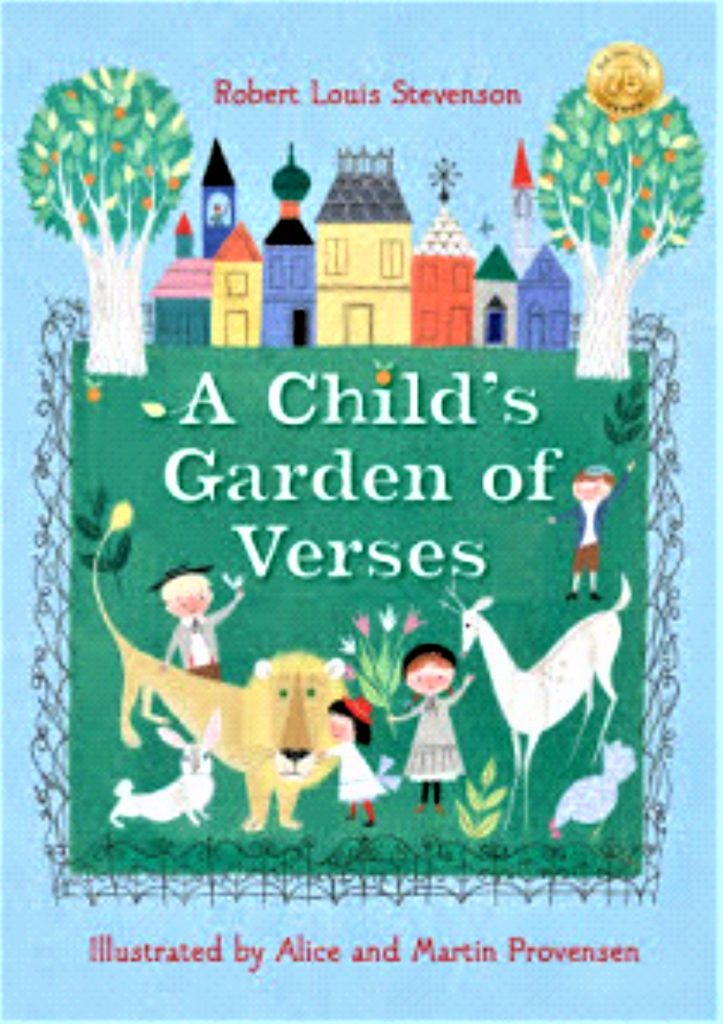 a blue and green book cover with children and animals, trees and houses on the cover