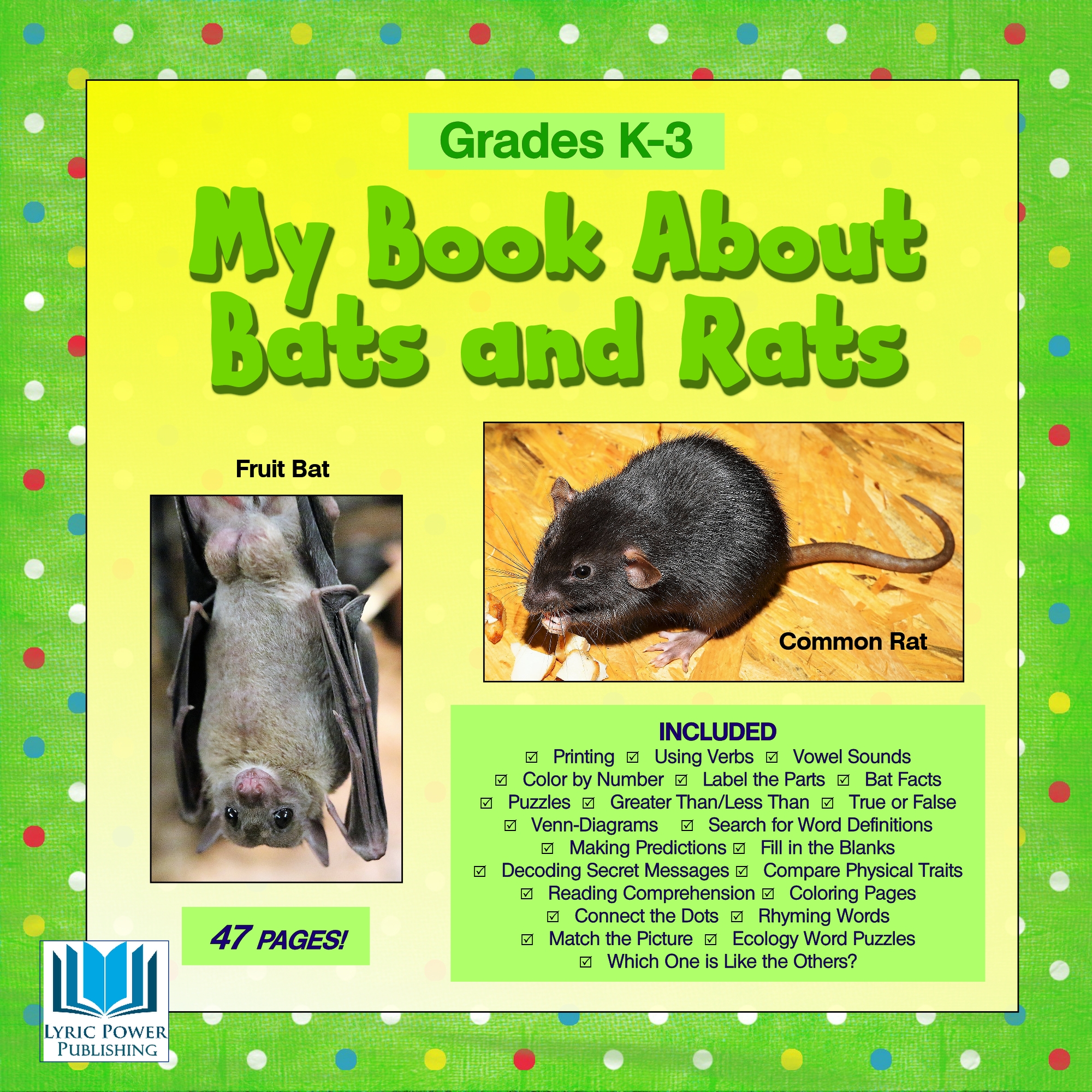 a yellow and green book cover with an image of a fruit bat and a common rat