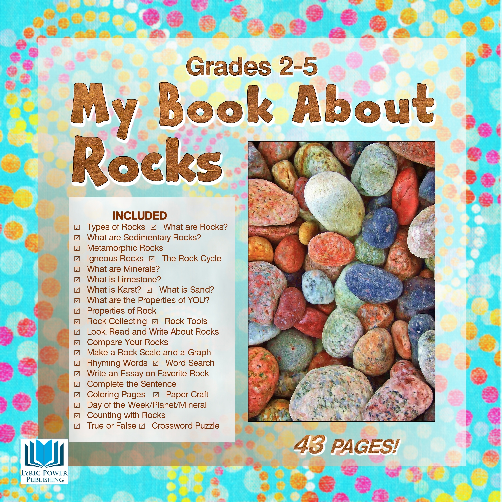 A light blue and white book cover with an image of multi-colored river rocks