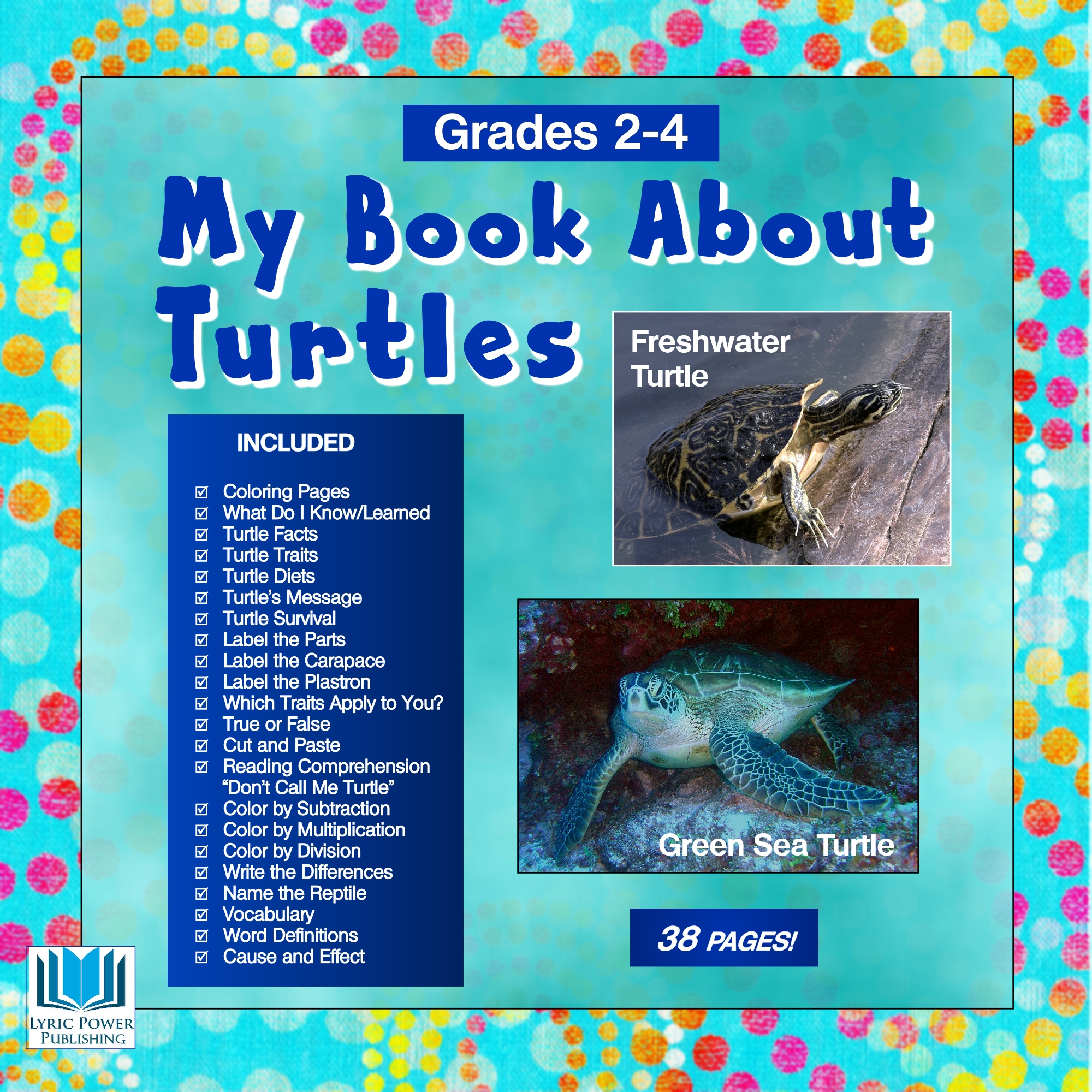 A light blue book cover with images of freshwater turtle and green sea turtle