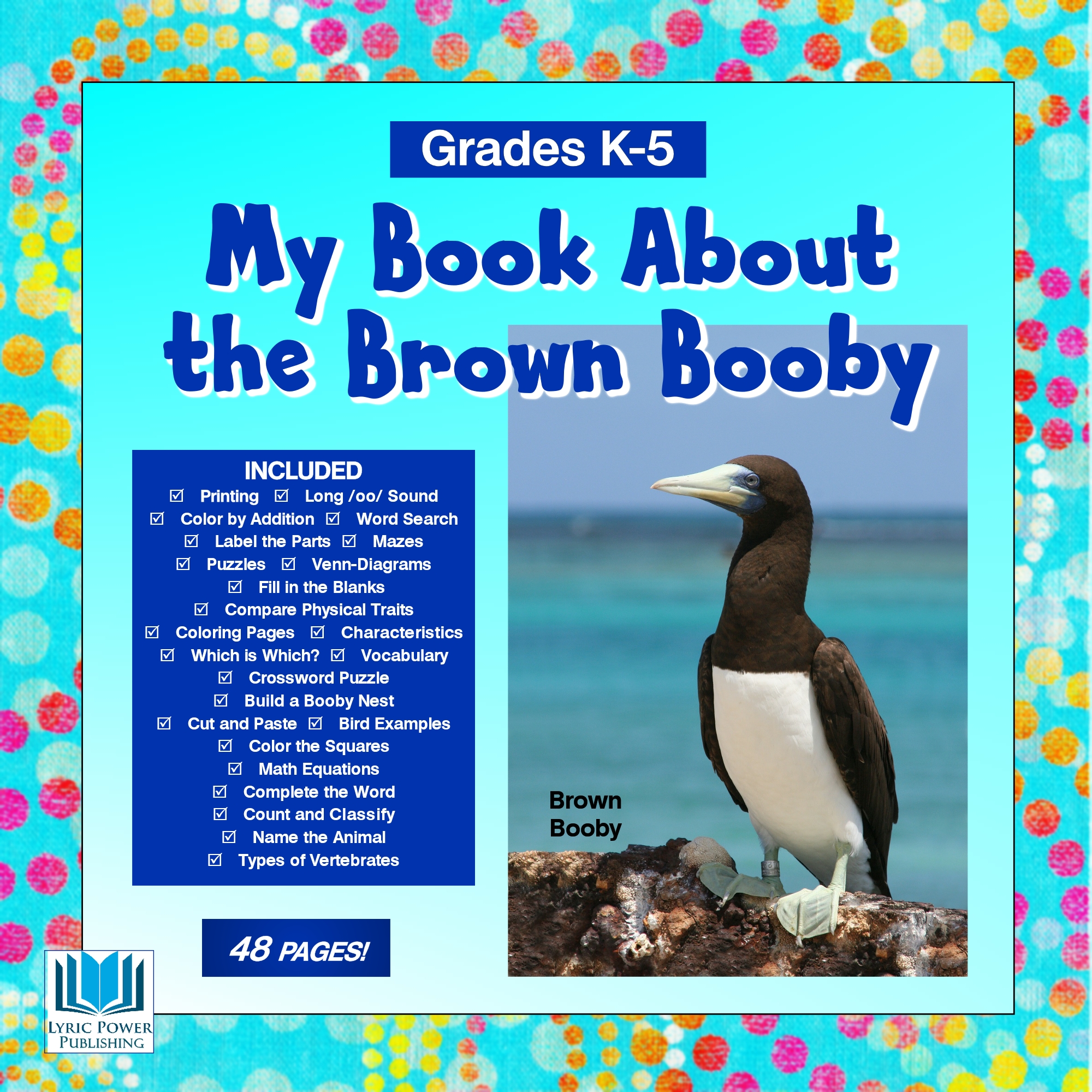 a blue and turquoise book cover with an image of the brown booby bird