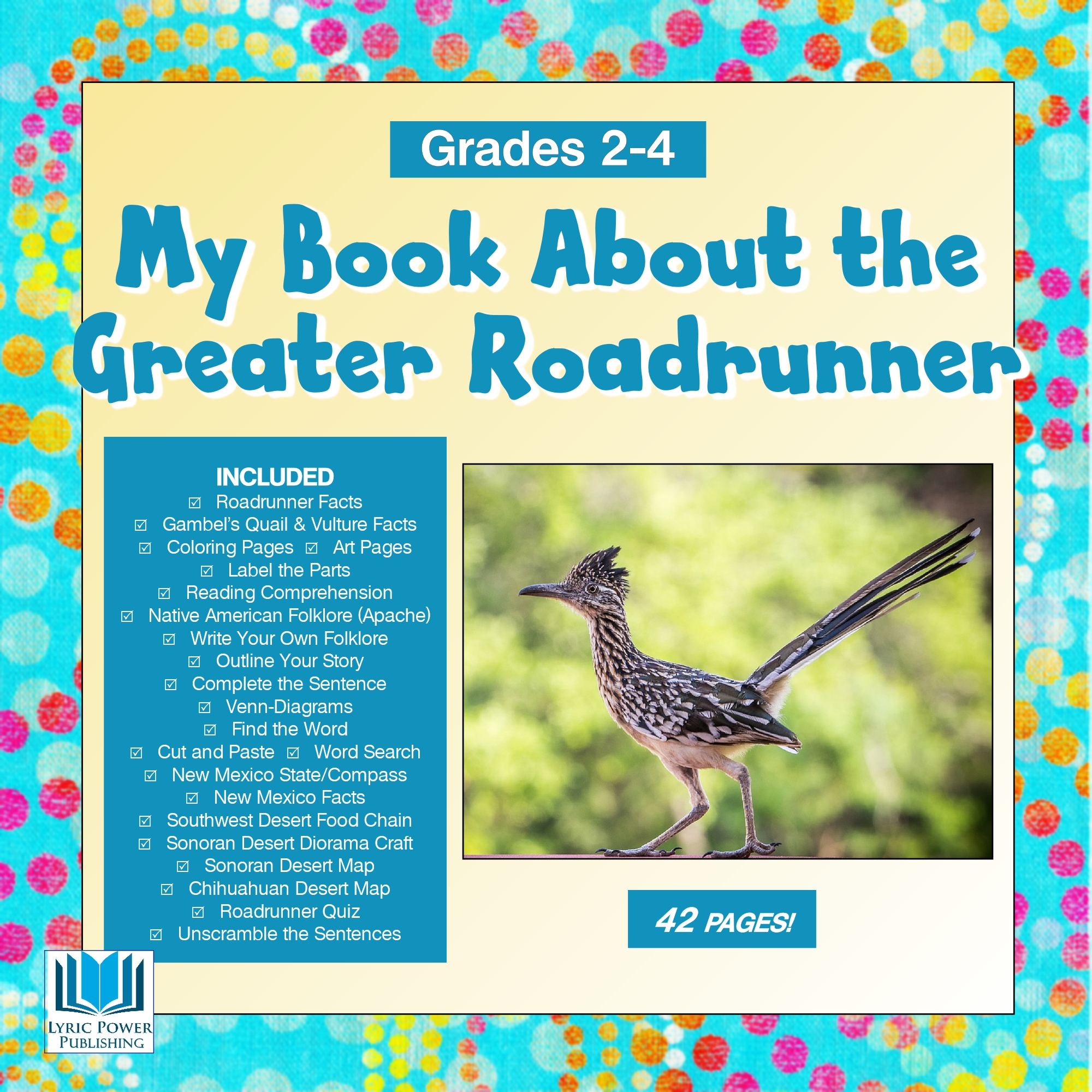 a turquoise and yellow book cover with an image of the Greater Roadrunner