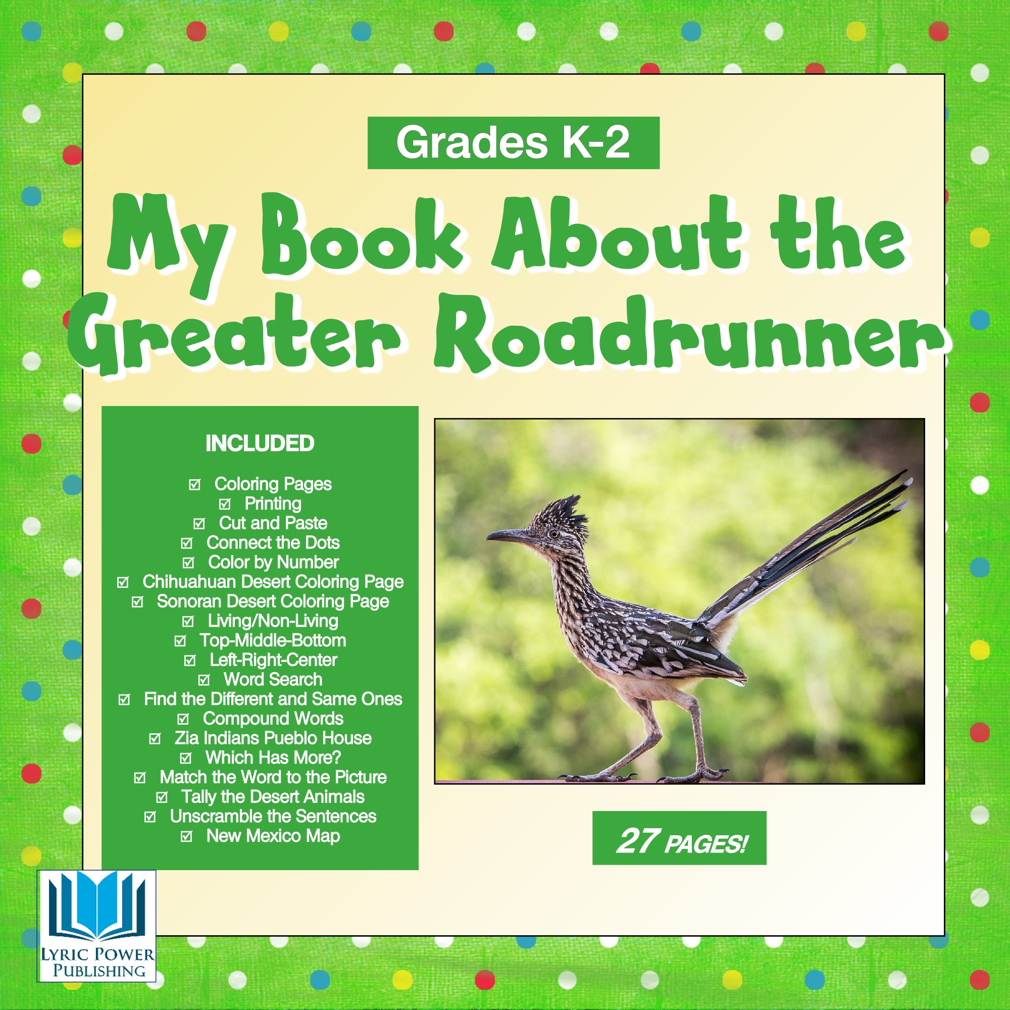 A green and yellow book cover with image of Greater Roadrunner
