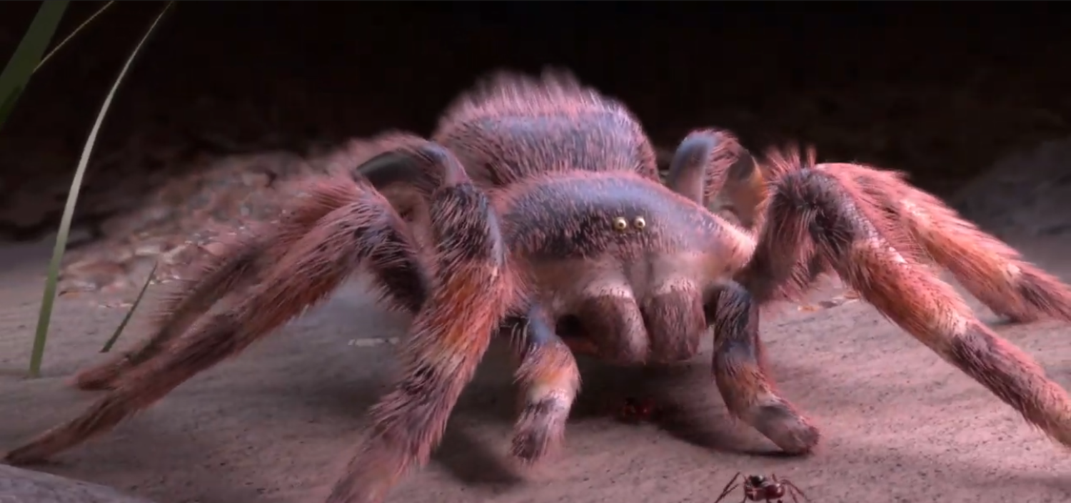A closeup of an animated tarantula on the ground, against a dark background