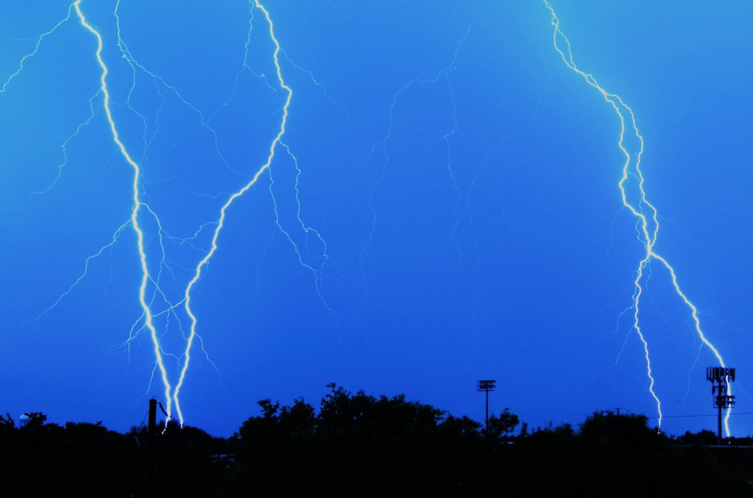 Blue sky but light is fading. Lightning strikes power poles. Dark line of trees across bottom of picture.