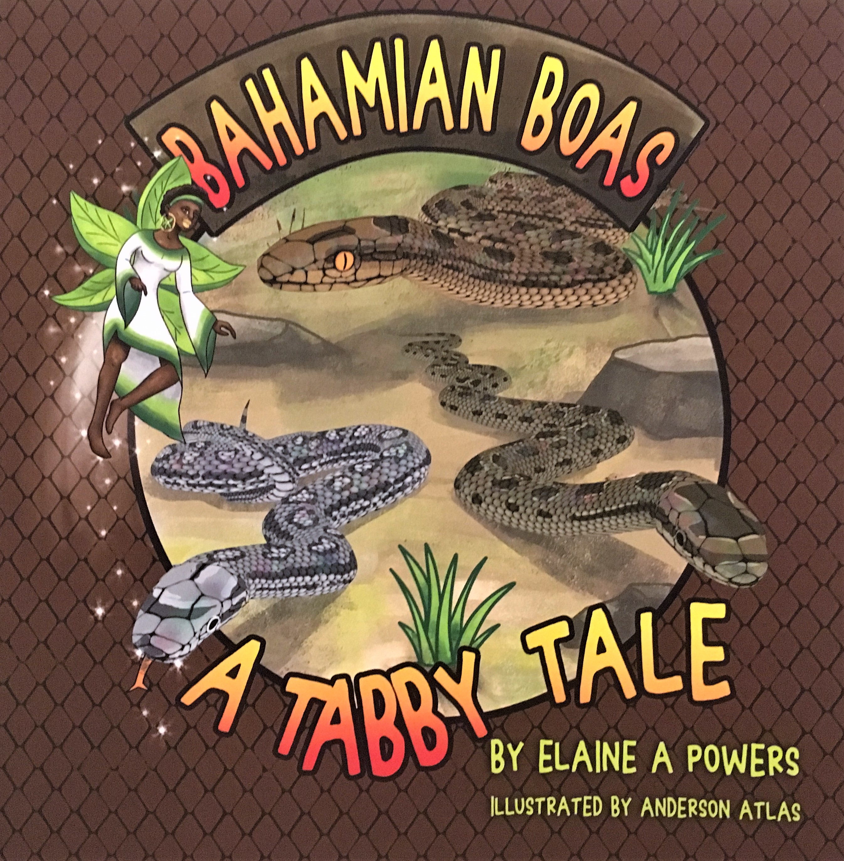 A children's book cover, brown background, orange and yellow lettering, with images of snakes from the Bahamas