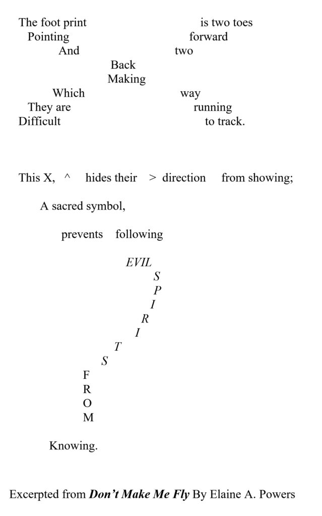 An image of a typed poem, with the letters in the shape of the subject of the poem: the X of the roadrunner's footprint and how it confuses any evil spirits that are following.