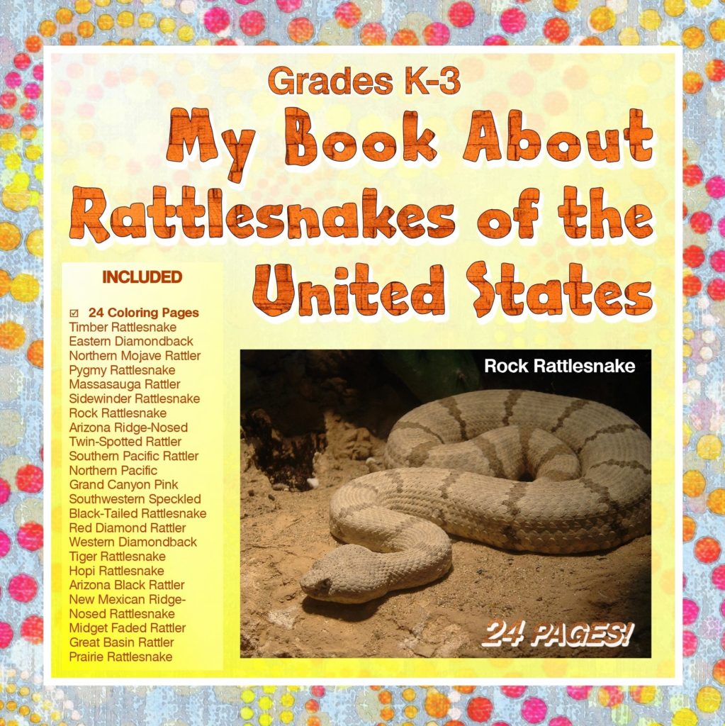 A children's book cover, yellow with polka dots, with image of a rock rattlesnake and list of included supplemental educational worksheets