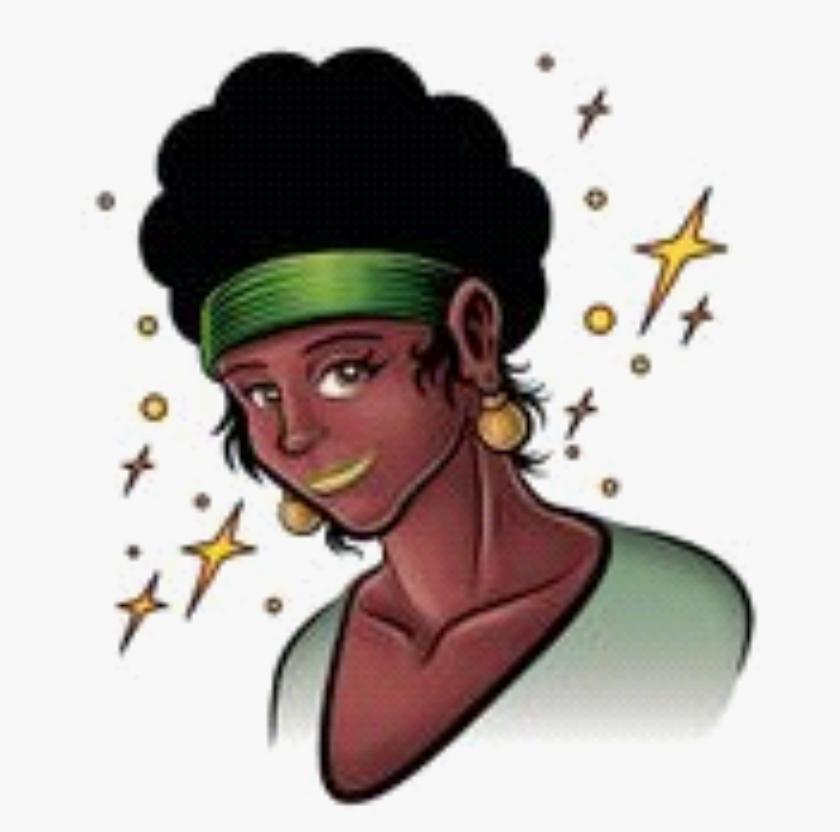 An illustration of an African-American woman, with a warm demeanor and attractive smile. She has a green headband and dangling earrings. She is called Tabby, the Five-Finger Fairy