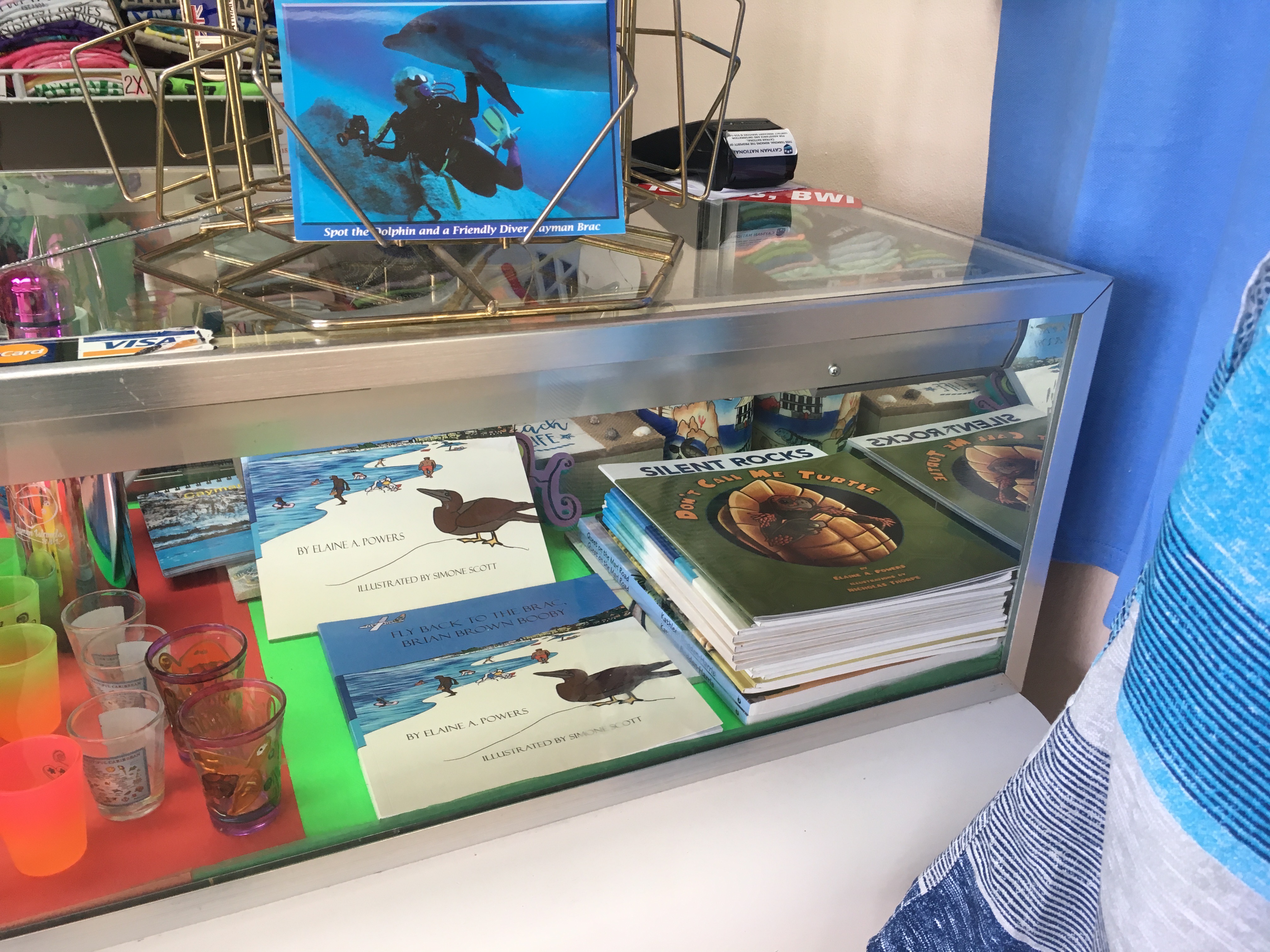 A glass case holding the books of author Elaine A. Powers
