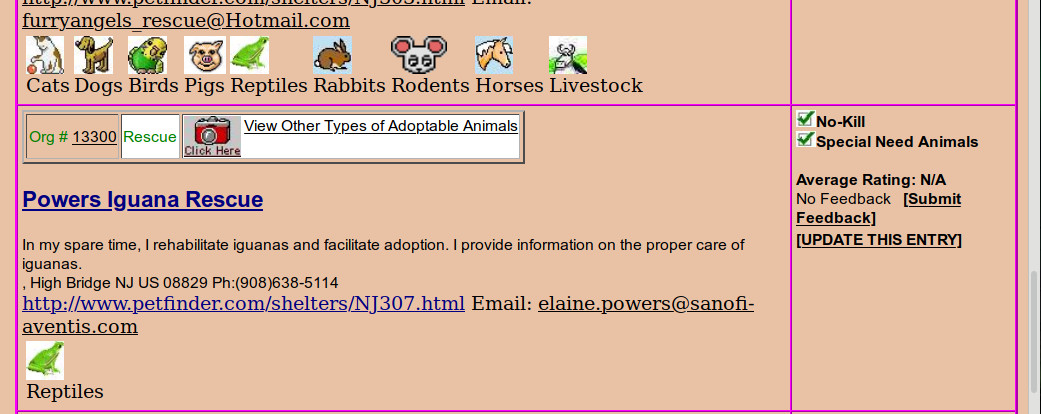 a directory listing for Powers IGuana Rescue New Jersey in 2000