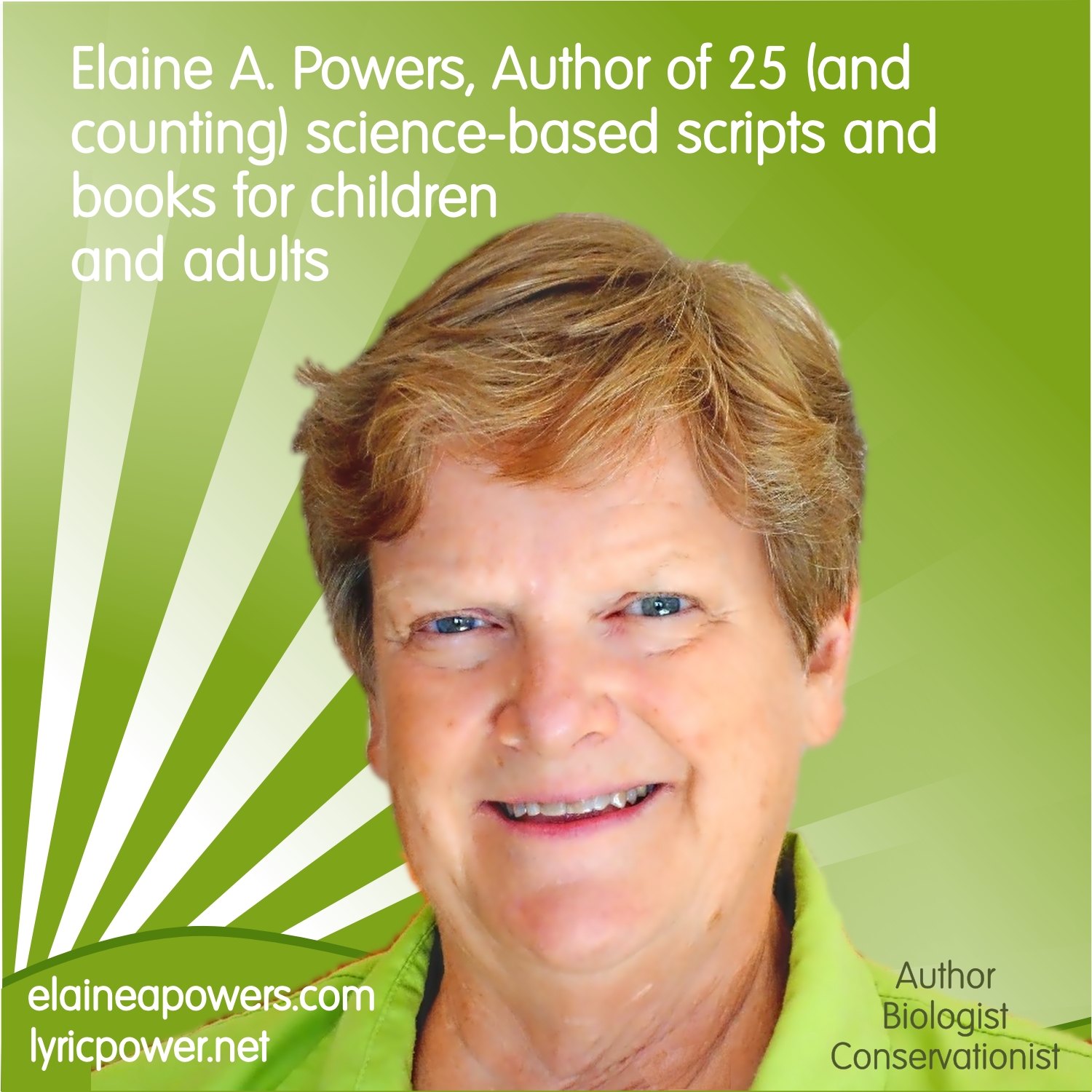 The author Elaine A. Powers head shot against a green background