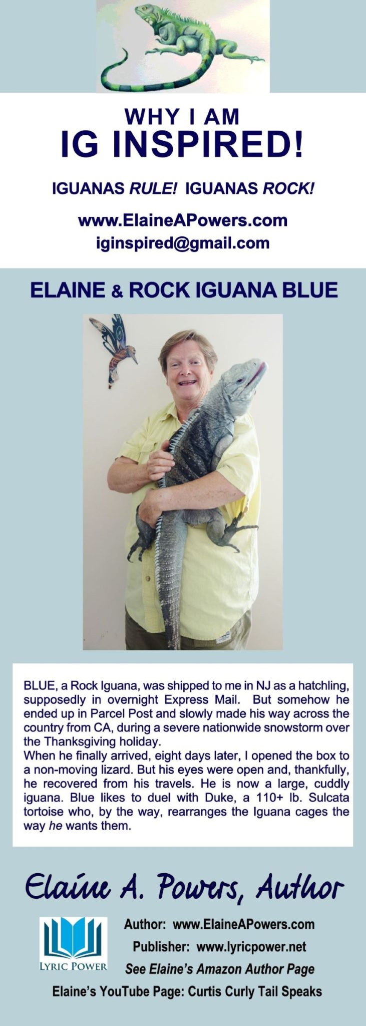 infographic of Elaine Powers with large hybrid iguana