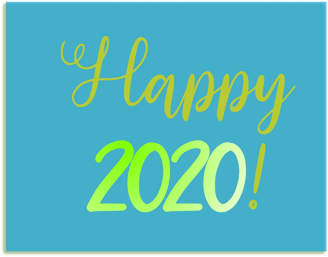 A graphic with blue background and the words Happy 2020 in green