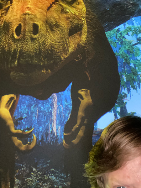 A selfie style photo showing only the top corner of Elaine's head and a giant t-rex in the background.