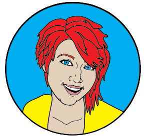 An illustrated self-portrait of a woman with red short hair and a yellow shirt.