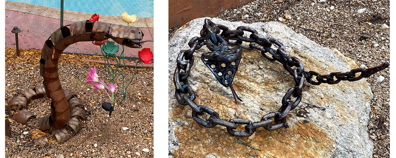 Two images of metal snake sculptures in Elaine's backyard.