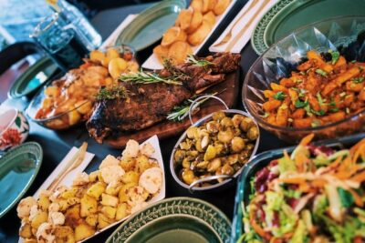 A feast laid out on a dining table.