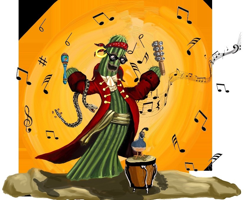 The first iteration of Captain Jack Saguaro as a conductor, he is holding a microphone and shaker instrument.