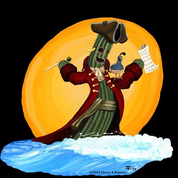 An illustration of Captain Jack Saguaro, a cactus dressed as a pirate riding a wave. 