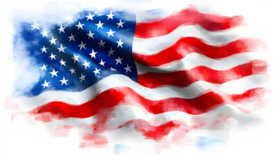 Waving American Flag in Watercolor Style.