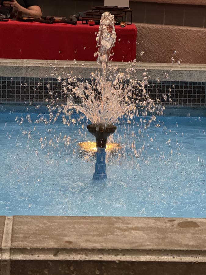 The spurting fountain near Elaine's table.