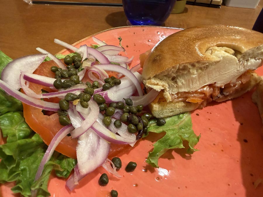 This is the more usual cream cheese, lox, red onion, tomato, and capers.
