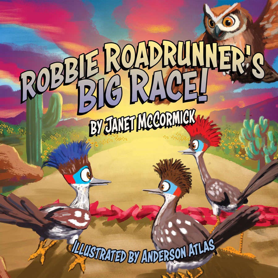 The cover of Robbie Roadrunner's Big Race, it is illustrated with three cartoon roadrunners waiting at a starting line for a race.